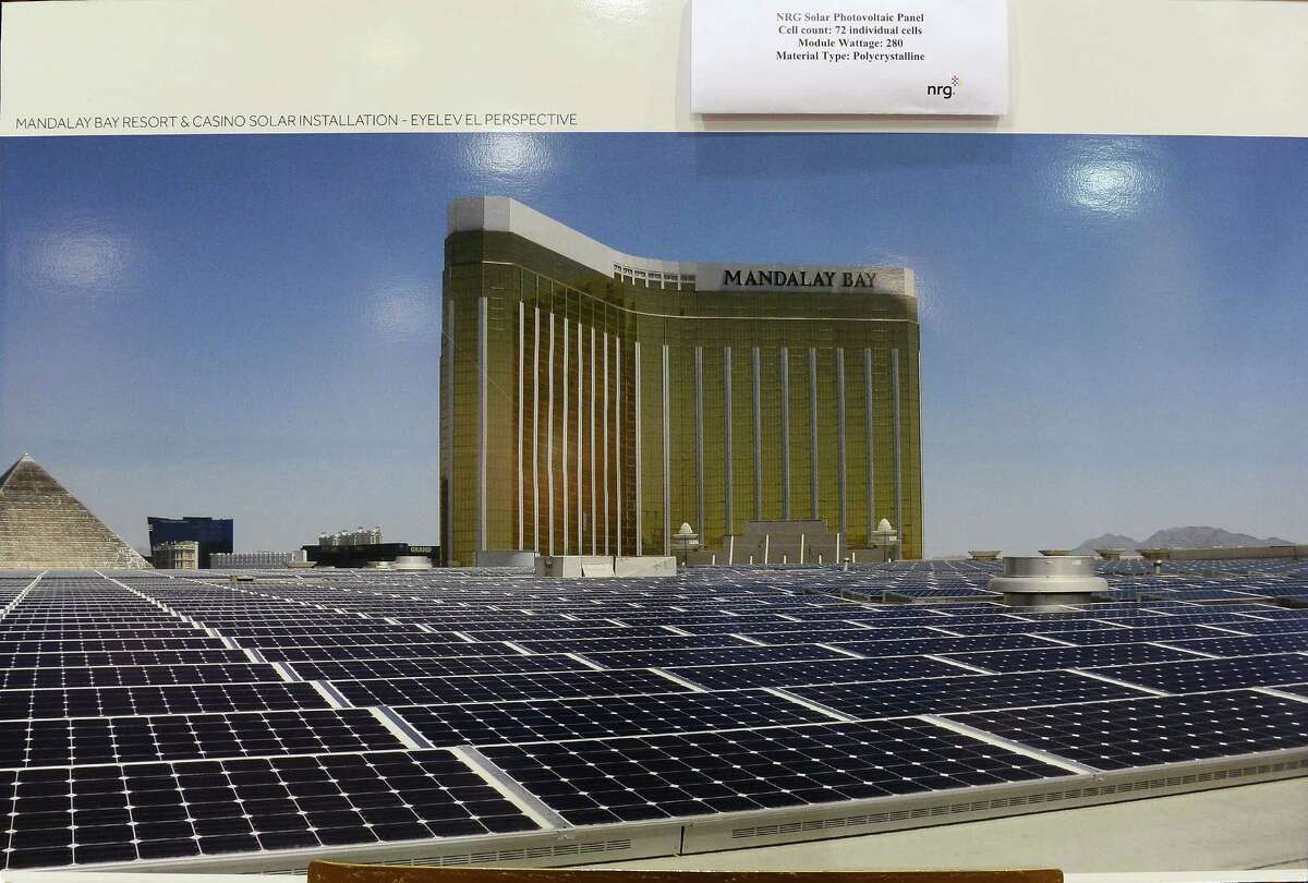 LAS VEGAS, NV - JULY 02: An artist's rendering shows solar panels on the roof of the Mandalay Bay Convention Center during a news conference announcing MGM Resorts International's planned installation of the world's second largest rooftop solar photovoltaic array on July 2, 2013 in Las Vegas, Nevada. The 6.2-megawatt array will use 20,000 solar panels to cover about 20 acres of the convention center's roof and will provide 20 percent of the resort's energy needs. It was also announced that the National Clean Energy Summit 6.0 will be held at the resort on August 13, 2013, and will focus on the future of clean energy. (Photo by Ethan Miller/Getty Images)