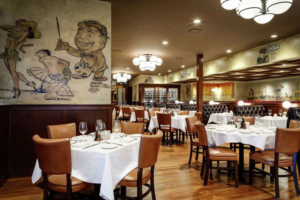 The main dining room of the Palm, left, will have about 100 new caricatures, including Houston notables and Palm patrons. Below, New York strip steak.