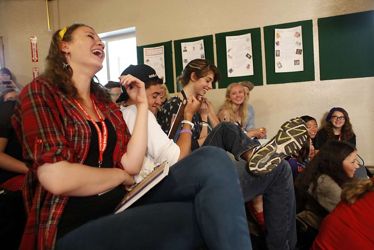 Students laugh at a performance during the Master Class with Jonathan Groff at the Young Actors Theatre Camp in Boulder Creek, Calif. on June 25, 2013.