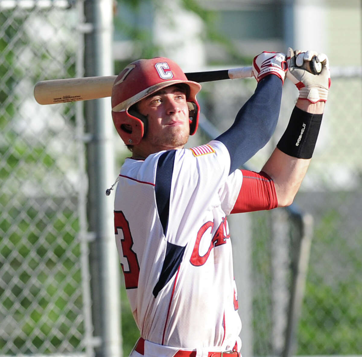 Taylor Olmstead of Greenwich doubles in a run during the bottom of the 4th inning against Westport during Senior Legion baseball game at Havemeyer Field in Greenwich, Friday, July 5, 2013.