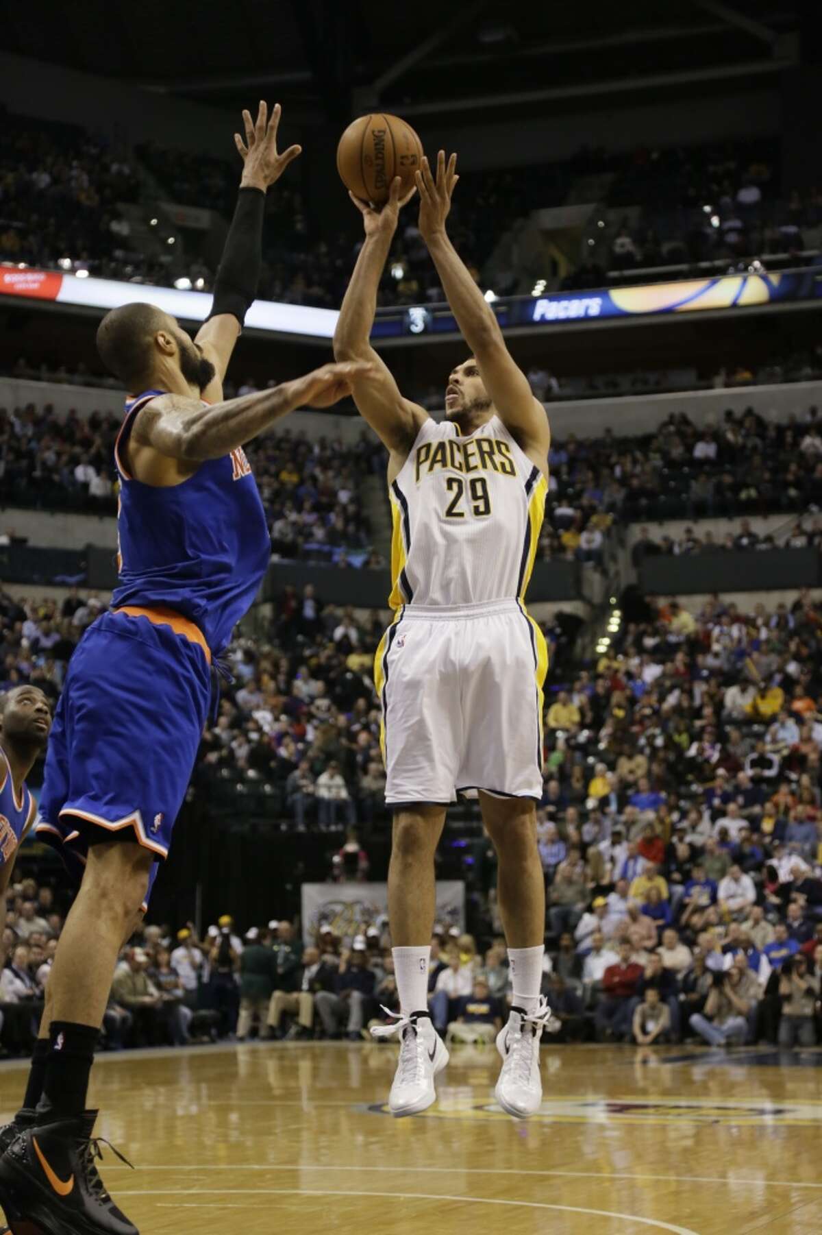 Indiana Pacers power forward Jeff Pendergraph (29) in action as the Indiana Pacers played the New York Knicks in an NBA basketball game in Indianapolis, Wednesday, Feb. 20, 2013. The Pacers won 125-91. (AJ Mast / Associated Press)