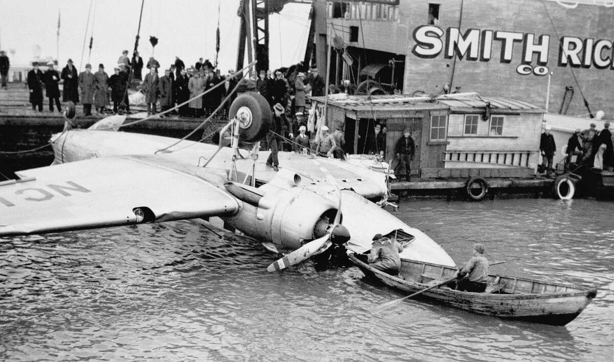 1937: A huge United Airlines transport plane is shown being raised on Thursday, February 11, 1937 from the San Francisco Bay, California, United States, into which it fell on Tuesday night with the loss of 11 lives. The plane was about to land at the local airport after a flight from Los Angeles when it plunged into the water.