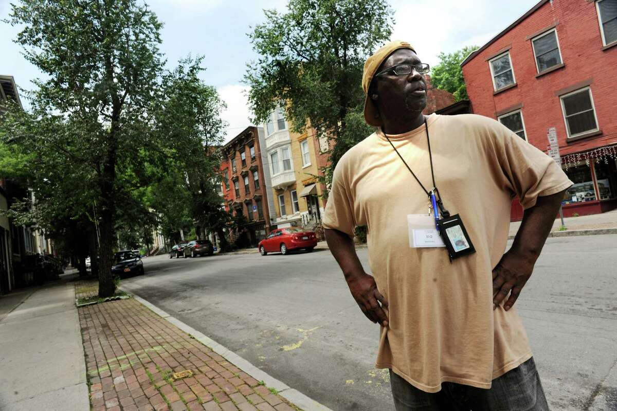 Ira McKinley, a homeless man and documentary filmmaker who has produced a film on society's "throwaways," on Tuesday, July 9, 2013, on Grand Street in Albany, N.Y. (Cindy Schultz / Times Union)
