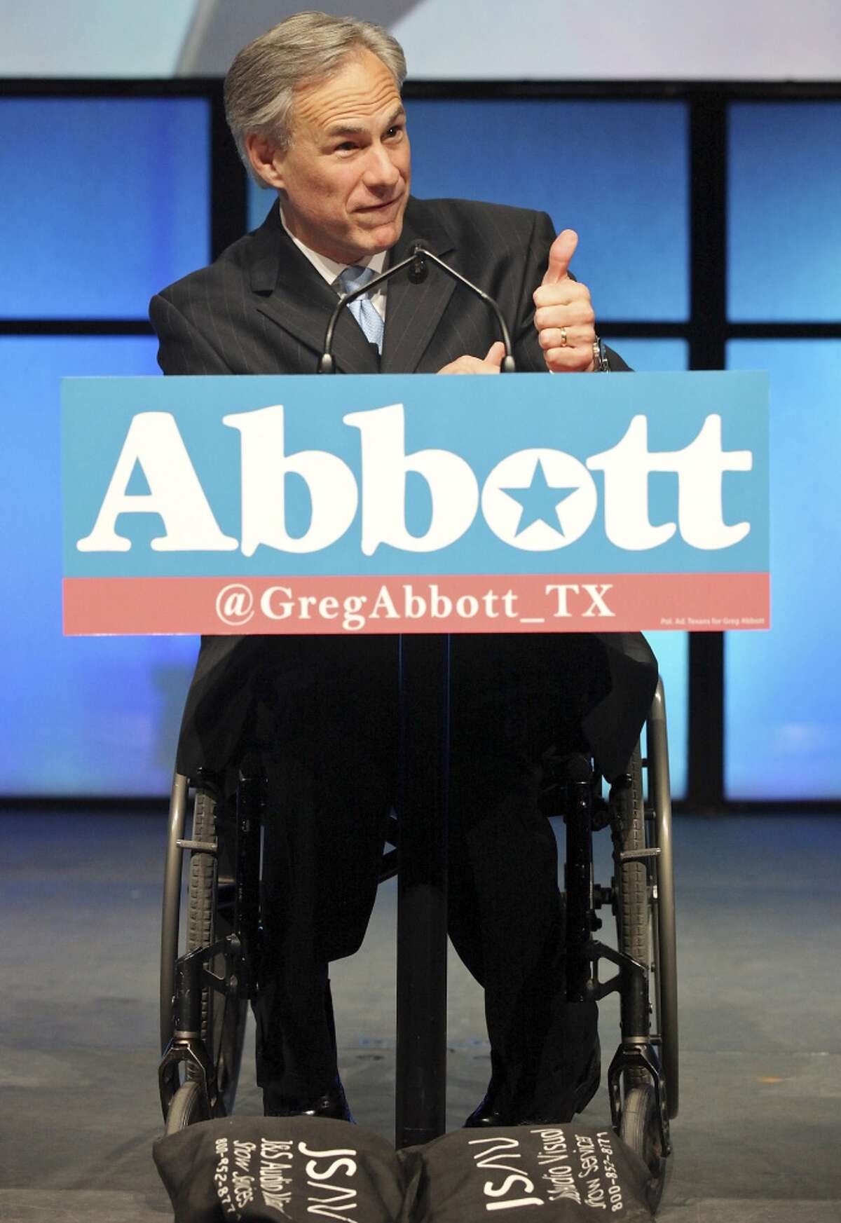 Texas Attorney General Greg Abbott gives a thumbs up as he speaks during the 2012 Texas GOP Convention held at the Fort Worth Convention Center June 7, 2012 in Fort Worth, Texas.