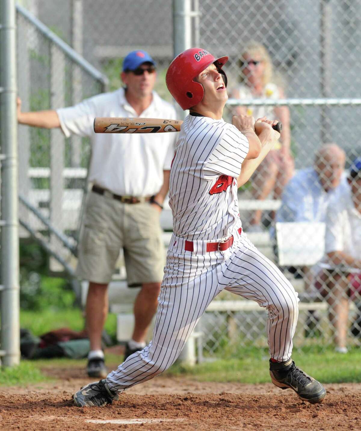 BANC player Matt Condon doubles against Rink & Racquet during Senior Babe Ruth baseball at Havemeyer Field in Greenwich, Thursday, July 11, 2013.