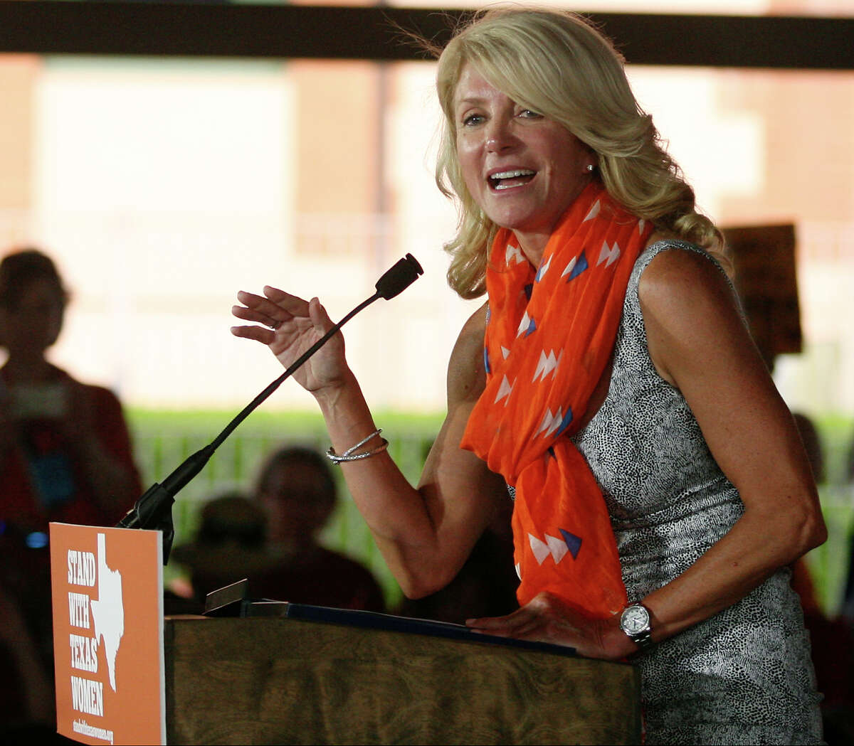 Fort Worth Sen. Wendy Davis addresses the crowd July 11, 2013 attending Planned Parenthood Action Fund's Stand with Women bus tour rally at Sunset Station in San Antonio after kicking off on Tuesday in Austin. The rally, which brought out several hundred people had several speakers, including San Antonio mayor Julian Castro.