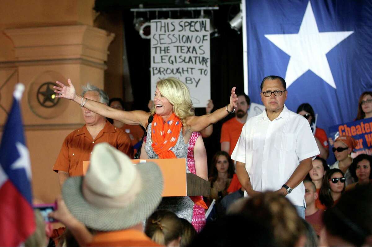 Fort Worth Sen. Wendy Davis addresses the crowd attending the Stand with Women bus tour rally at Sunset Station.