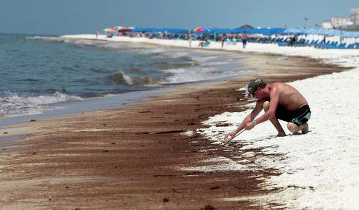 Mickal Vogt of Covington, La., uses a stick to place tar balls in a jar that washed up on the shore in Orange Beach, Ala., Saturday, June 12, 2010. Large amounts of the oil battered the Alabama coast, leaving deposits of the slick mess some 4-6 inches thick on the beach in some parts.