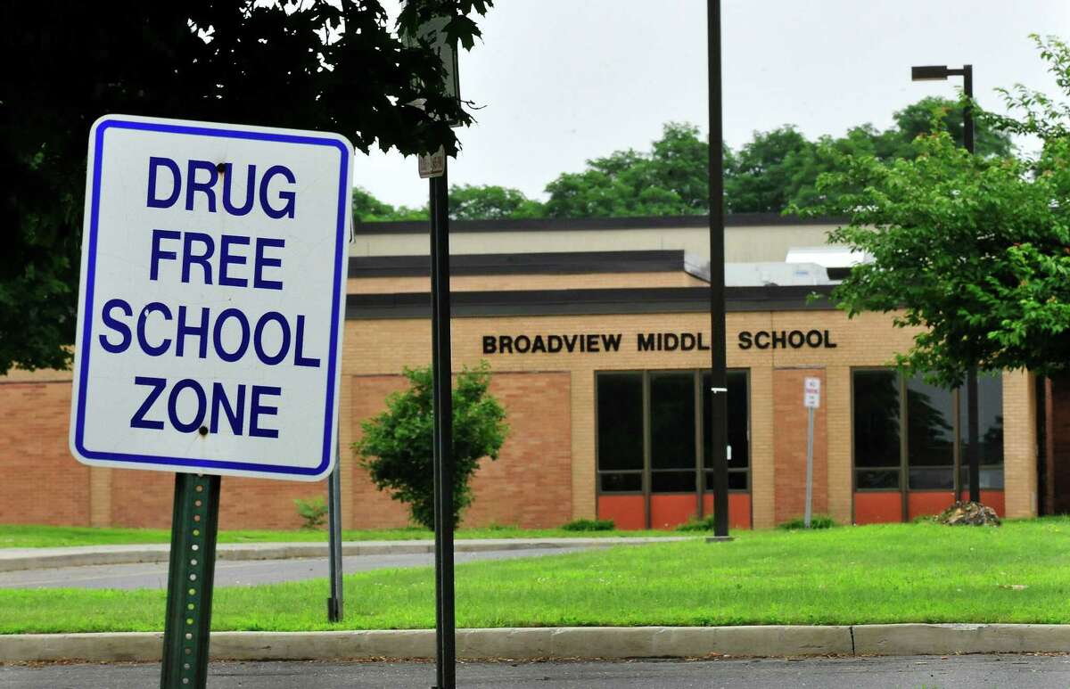 A sign announces a drug free school zone outside Broadview Middle School in Danbury, Conn. Saturday, July 13, 2013.