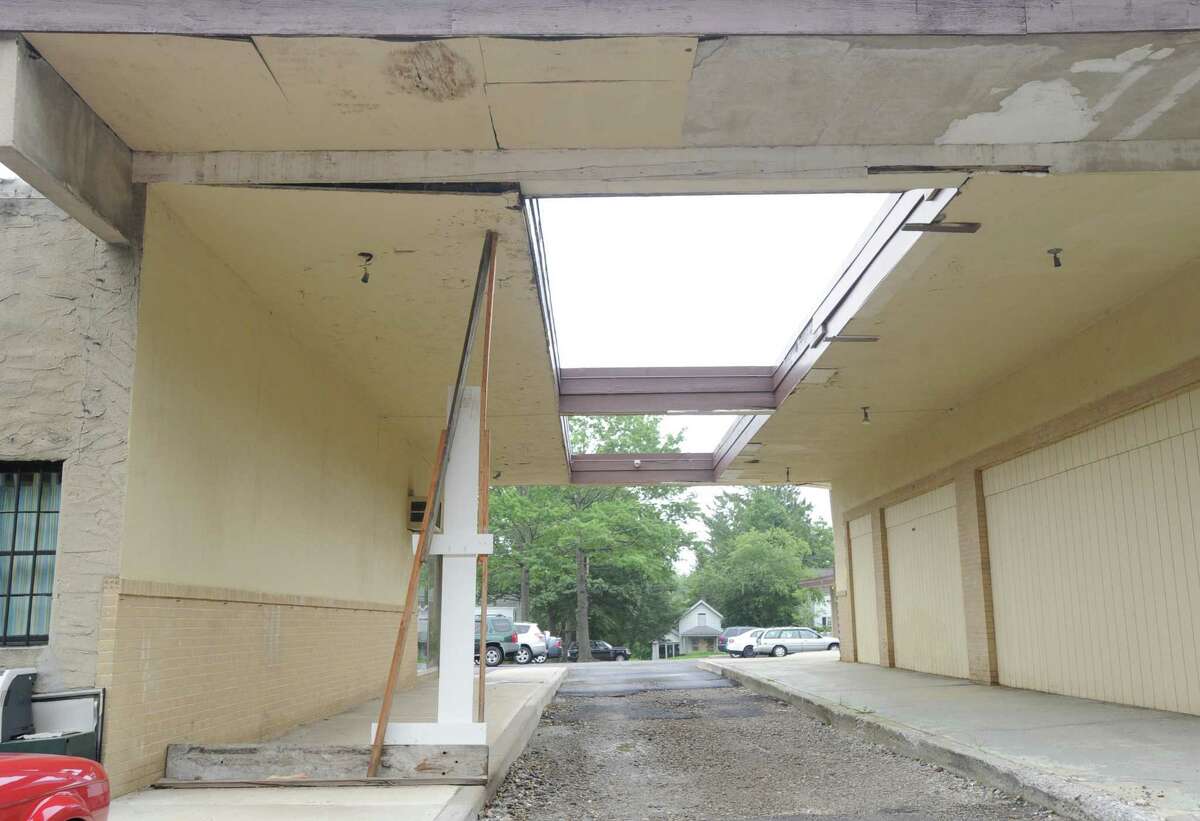 The underside of a roof supported by a makeshift beam at the North Street Shopping Center at 1043 North Street in the Banksville section of Greenwich, Saturday, July 13, 2013.