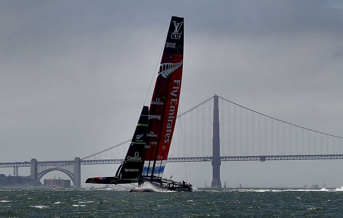 The Emirates Team New Zealand 72 foot catamaran moved east through the course Sunday July 7, 2013. In the first round of America's Cup, Emirates Team New Zealand had the San Francisco bay to themselves as the Luna Rossa Challenge chose not to race.