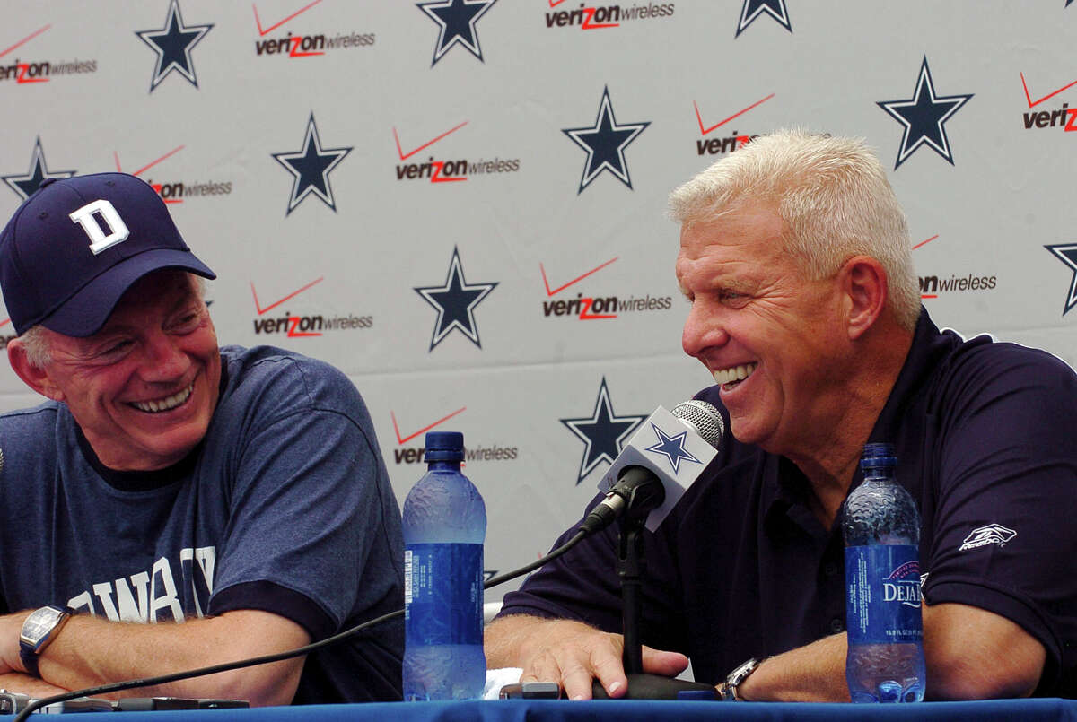 Dallas Cowboys owner Jerry Jones shares a laugh with head coach Bill Parcells during a noon press conference in Oxnard, California Friday July 28, 2006. DELCIA LOPEZ/STAFF