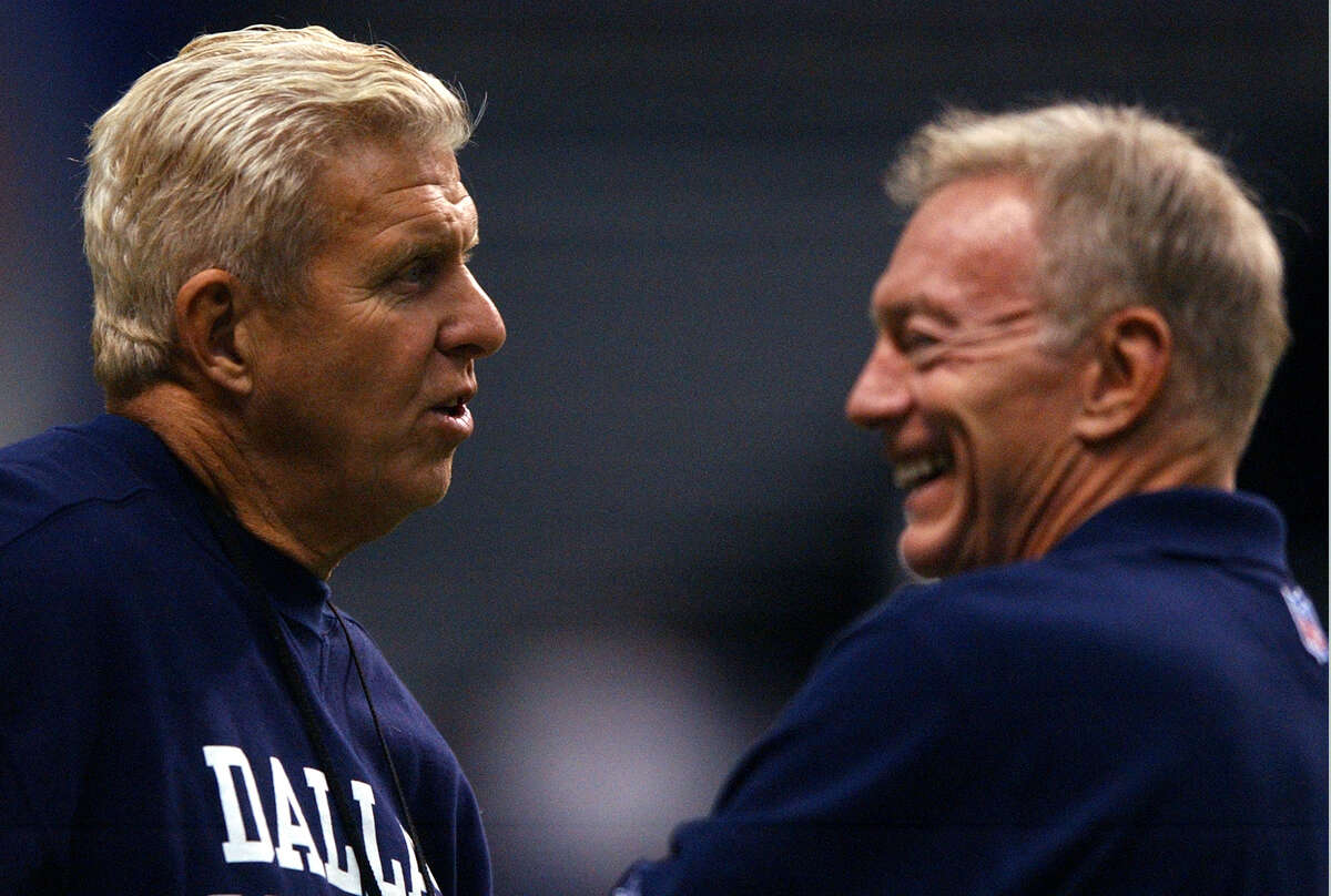 Dallas Cowboys head coach Bill Parcells shares a laugh with team owner Jerr...