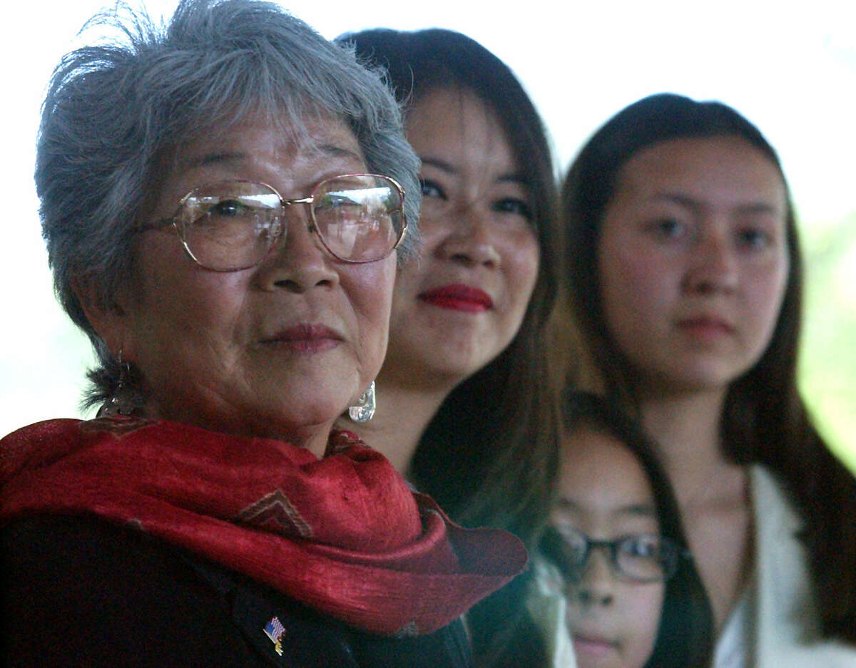Mabel Jingu Enkoji (left) with daughter Peggy Nishio and granddaughters Stefanie Nishio and Miyoshi Busch at a Japanese Tea Garden ceremony in 2002.