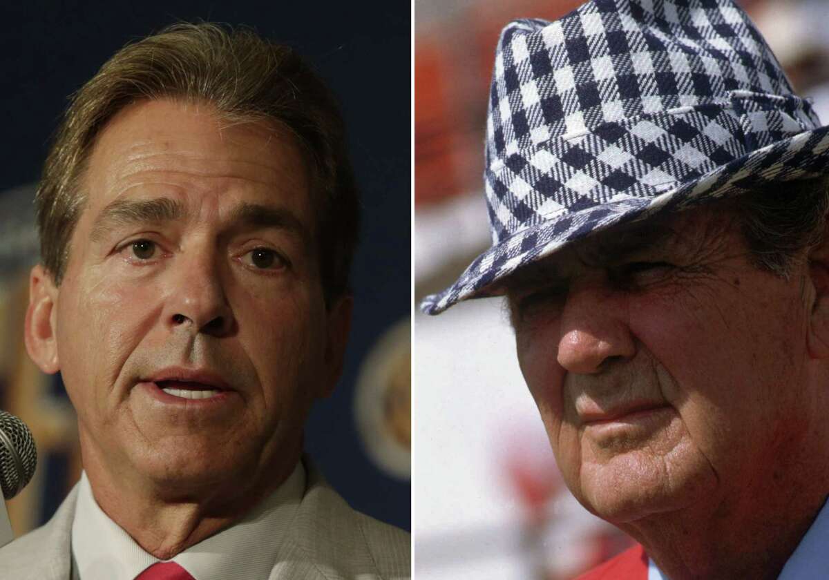 In this combo of photos shows, Alabama coach Paul "Bear" Bryant, right, pictured prior to game against Wichita State in an Oct. 6, 1979 file photo, in Tuscaloosa, Ala., and Alabama coach Nick Saban, left, speaking to reporters at the Southeastern Conference football media days in Hoover, Ala., on Thursday, July 18, 2013. Saban isn't interested in comparisons to Bryant. He says he sees no reason "anybody should do that. I think Bear Bryant is probably the greatest coach ever in college football," citing Bryant's accomplishments and consistency over a long period of time. Bryant led the Tide to six national titles. (AP Photo/Dave Martin, left, Joe Holloway Jr., right)