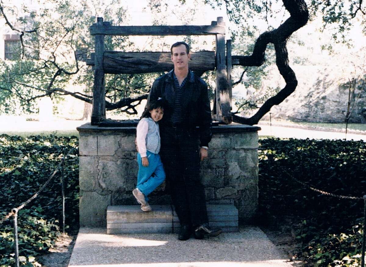 Brad Marcum and his daughter Marian, 4, visit the Alamo in 1986, shortly after he graduated from Officer Training School at Medina Annex.