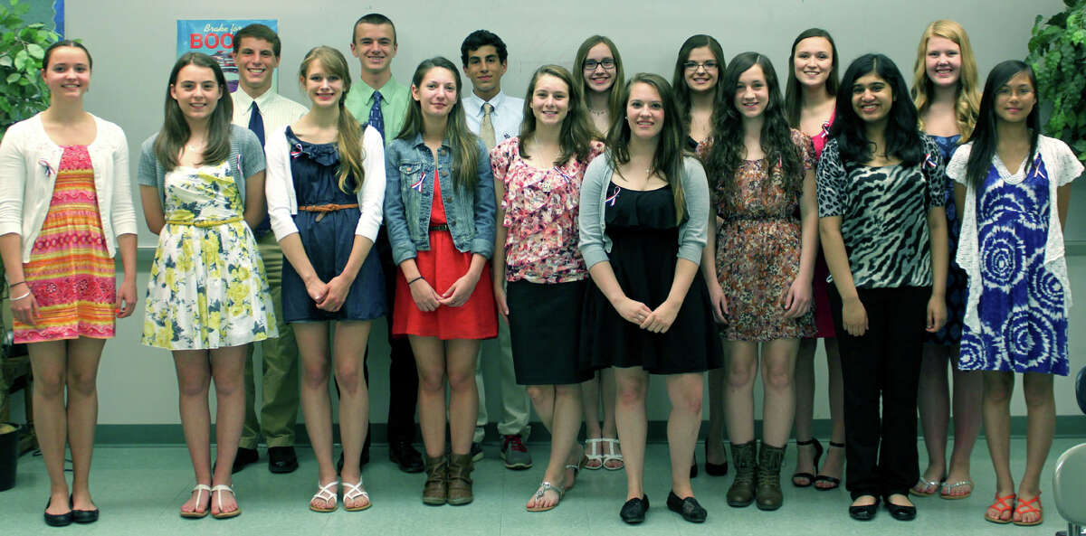 Inducted near the end of the school year into the New Milford High School chapter of the French Honor Society were, from left to right, in front, Bettina Harcken, Mackenzie Morehouse, Kayla Doto, Lindsey Wainwright, Kailyn Schuster, Paige Sorenson, Marissa Fugardi, Kezia Varughese and Francine Luo, and, in back, Nathaniel Diamond, Zachary Pitcher, Lawrence Andrea, Katherine Polley, Kimberly Palmer, Allegra Peery and Abigail Gillin. Courtesy of Barbara Polley