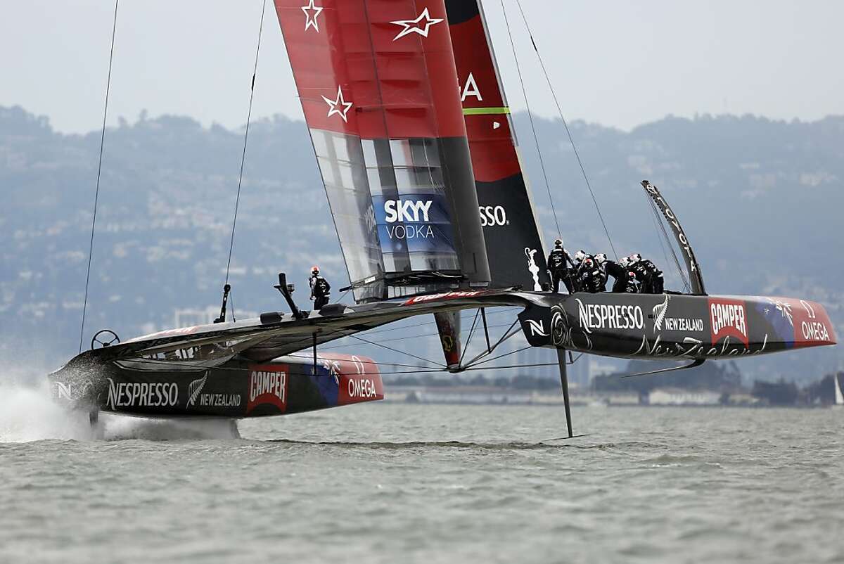 Emirates Team New Zealand makes a turn during a race against Luna Rossa for the Louis Vuitton Cup in San Francisco, Calif. on July 23, 2013.