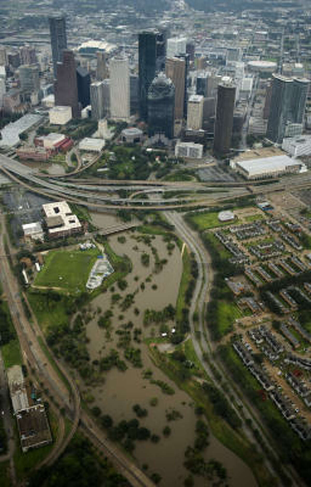 Buffalo Bayou nears its banks leading into downtown Houston after the passing of Hurricane Ike.