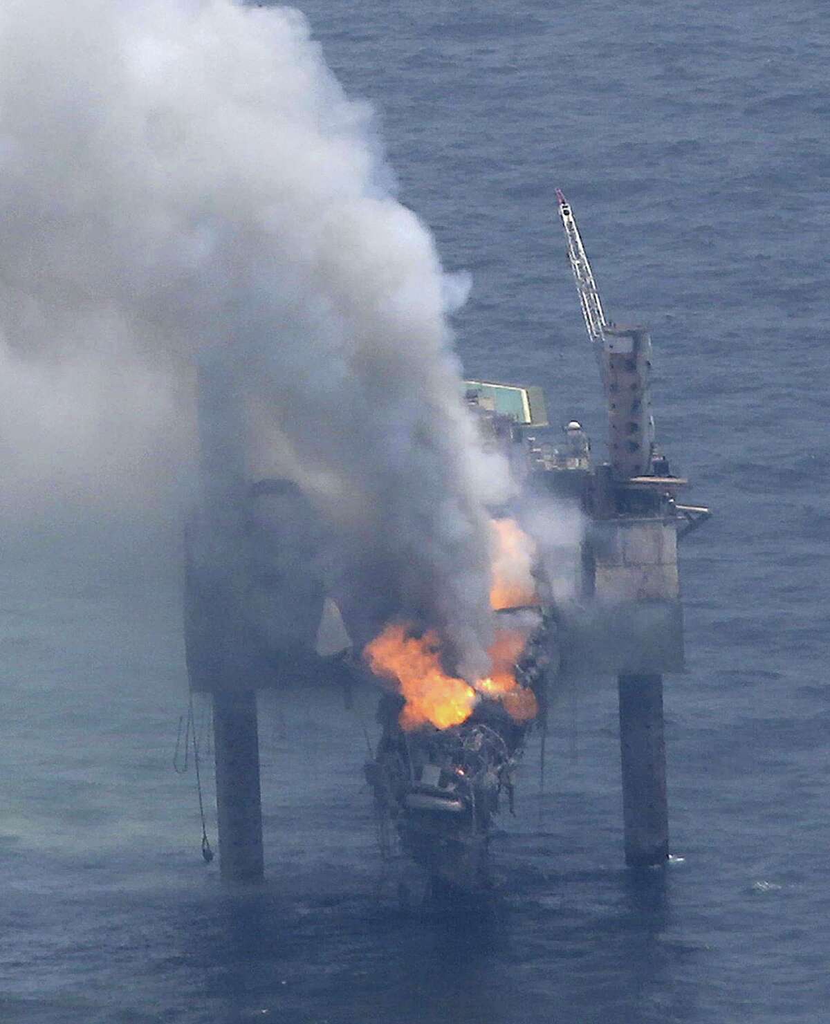 The Hercules 265 drilling rig, located 55 miles off the Louisiana coast in the Gulf of Mexico, caught on fire Tuesday. The rig was drilling a well when gas started flowing out of control, forcing the evacuation of 44 workers. No injuries were reported.