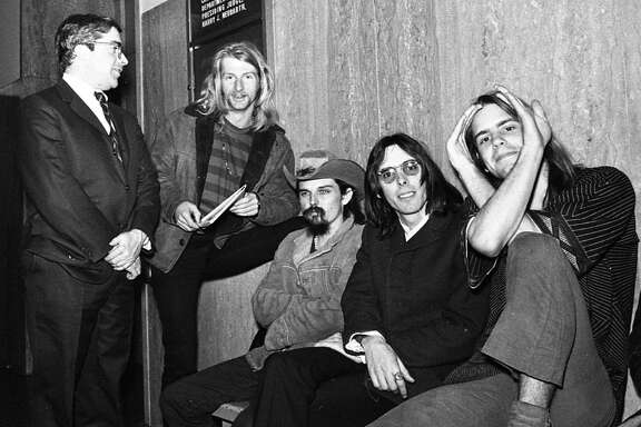 Members of the Grateful Dead at their sentencing, after SF police  raided their 710 Ashbury St. home. More than a pound of marijuana was seized; the band used the event to make a pro-drug statement.