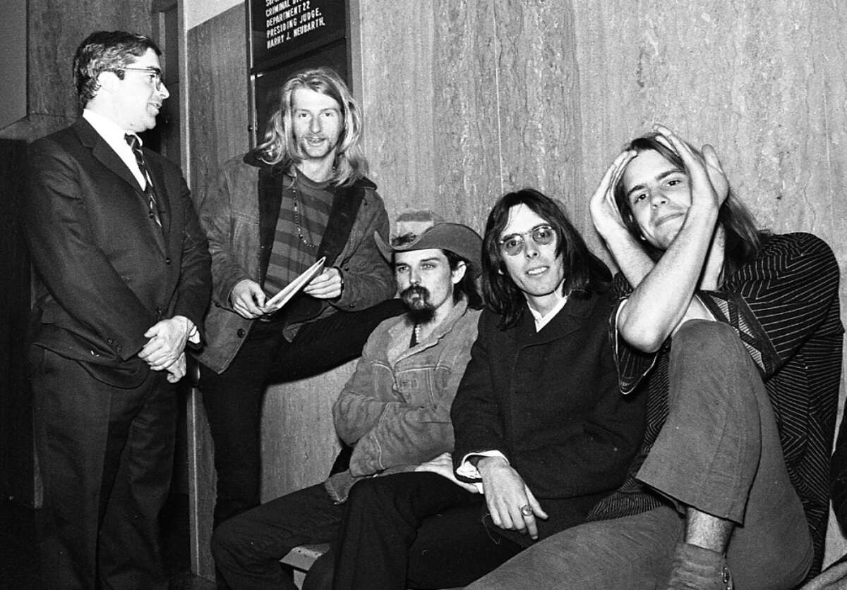Members of the Grateful Dead at their sentencing, after SF police raided their 710 Ashbury St. home. More than a pound of marijuana was seized; the band used the event to make a pro-drug statement.