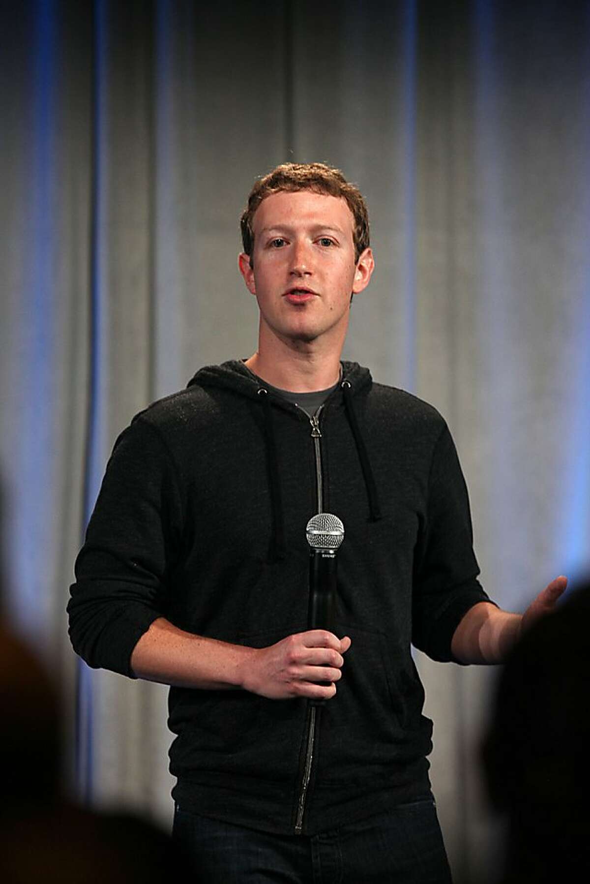 Chairman and chief executive Mark Zuckerberg at Facebook headquarters in Menlo Park, California, introduces a new software called Home to showcase Facebook using Google's Android operating system on Thursday, April 4, 2013. The first phone with the new package installed will be made by HTC and will be sold in the United States with AT&T service for about $100, starting April 12.