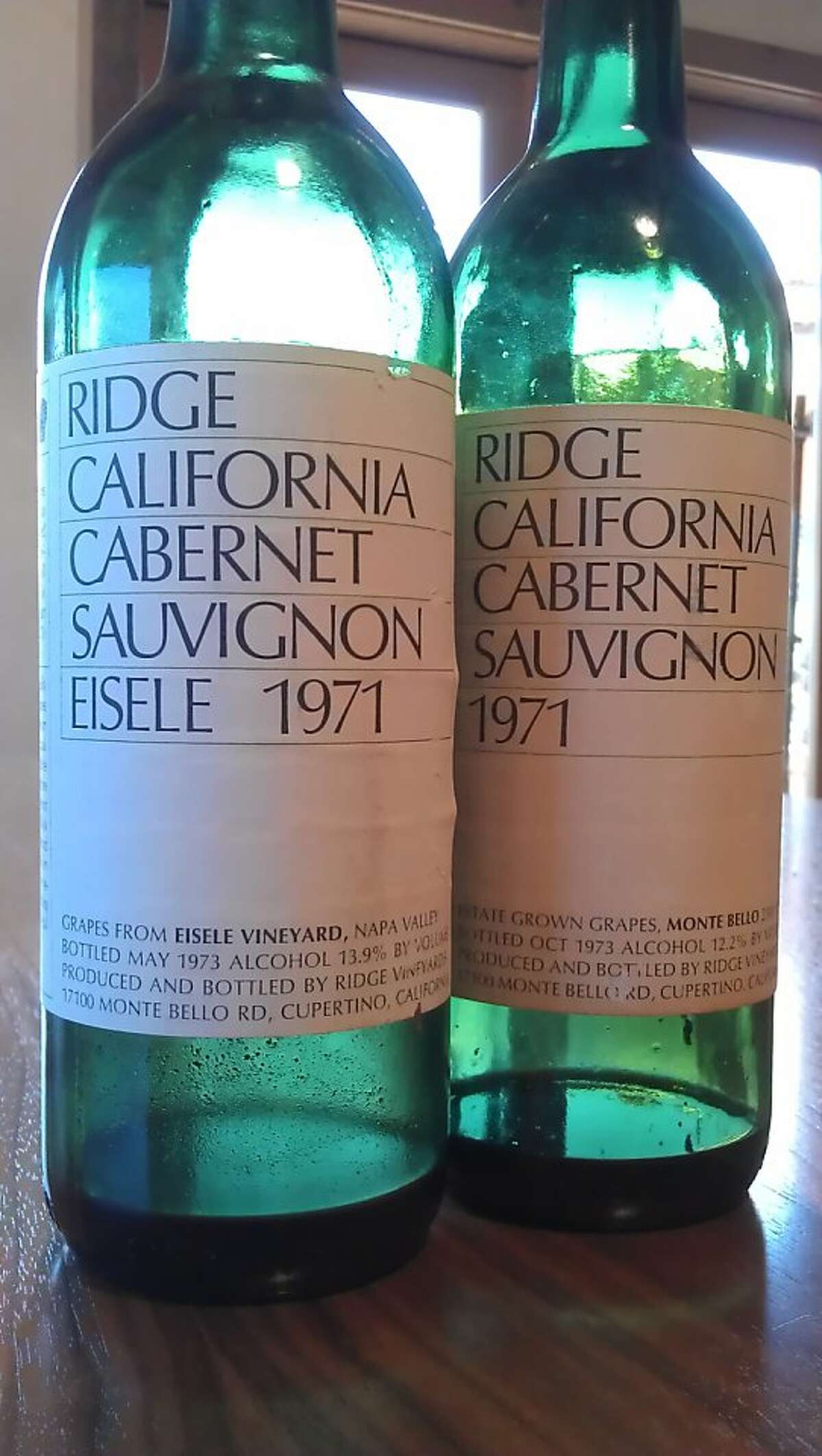 Bottles of the 1971 Ridge Eisele Vineyard Cabernet and the 1971 Ridge Monte Bello, served at Ridge's winery in Cupertino, Calif., Sept. 12, 2012.