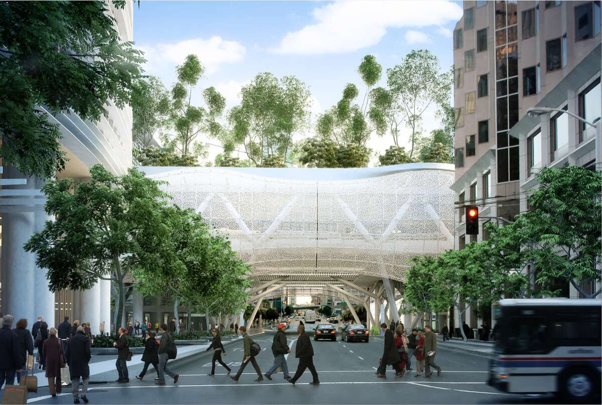 The latest version of the metal scrim that will cover the Transbay Transit Center is perforated aluminum with a coat of mica-flecked white epoxy. The design of the panels is based on a geometrical pattern discovered in the 1970s by British mathematical physicist Dr. Roger Penrose