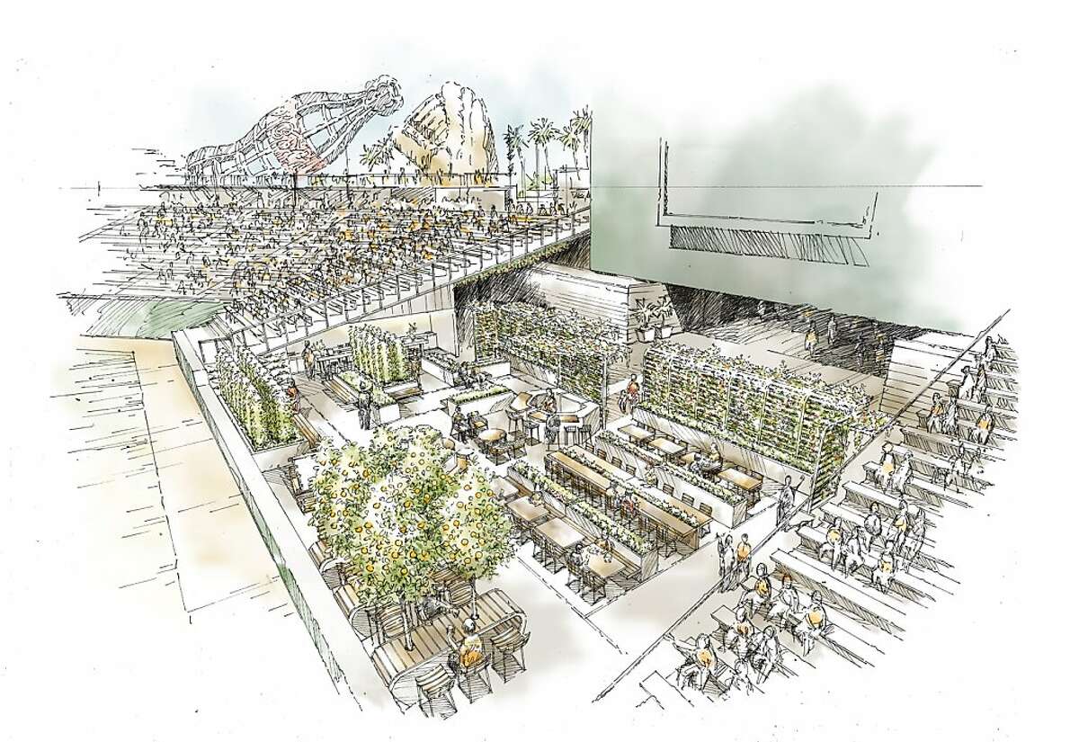 An artists' rendering of the Giants Garden, a 3,000-square-foot organic garden slated to open next season at AT&T Park. Believed to be the first of its kind at an American sports venue, the edible garden will supply produce for some of the parks' concessions and serve as an open-air dining area and community classroom.