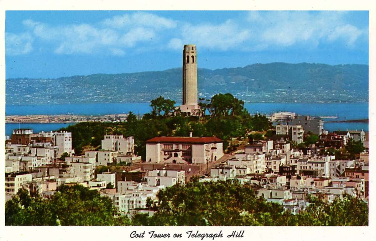 Vintage postcard showing Coit Tower on Telegraph hill overlooking the Bay with spectacular views of the city.