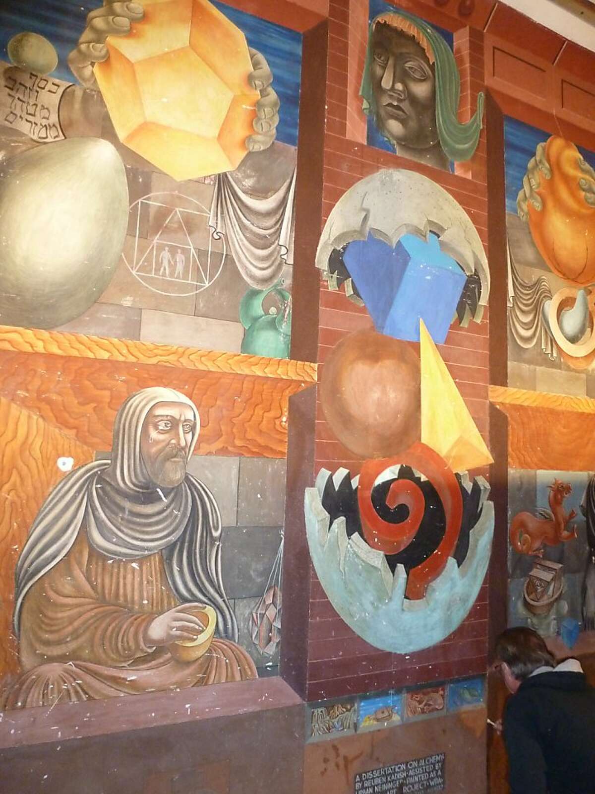 A view of "A Dissertation on Alchemy" (1937) fresco by Reuben Kadish (1913-1992) in the 55 Laguna Street, S.F., complex that long housed the UC Berkeley Extension.