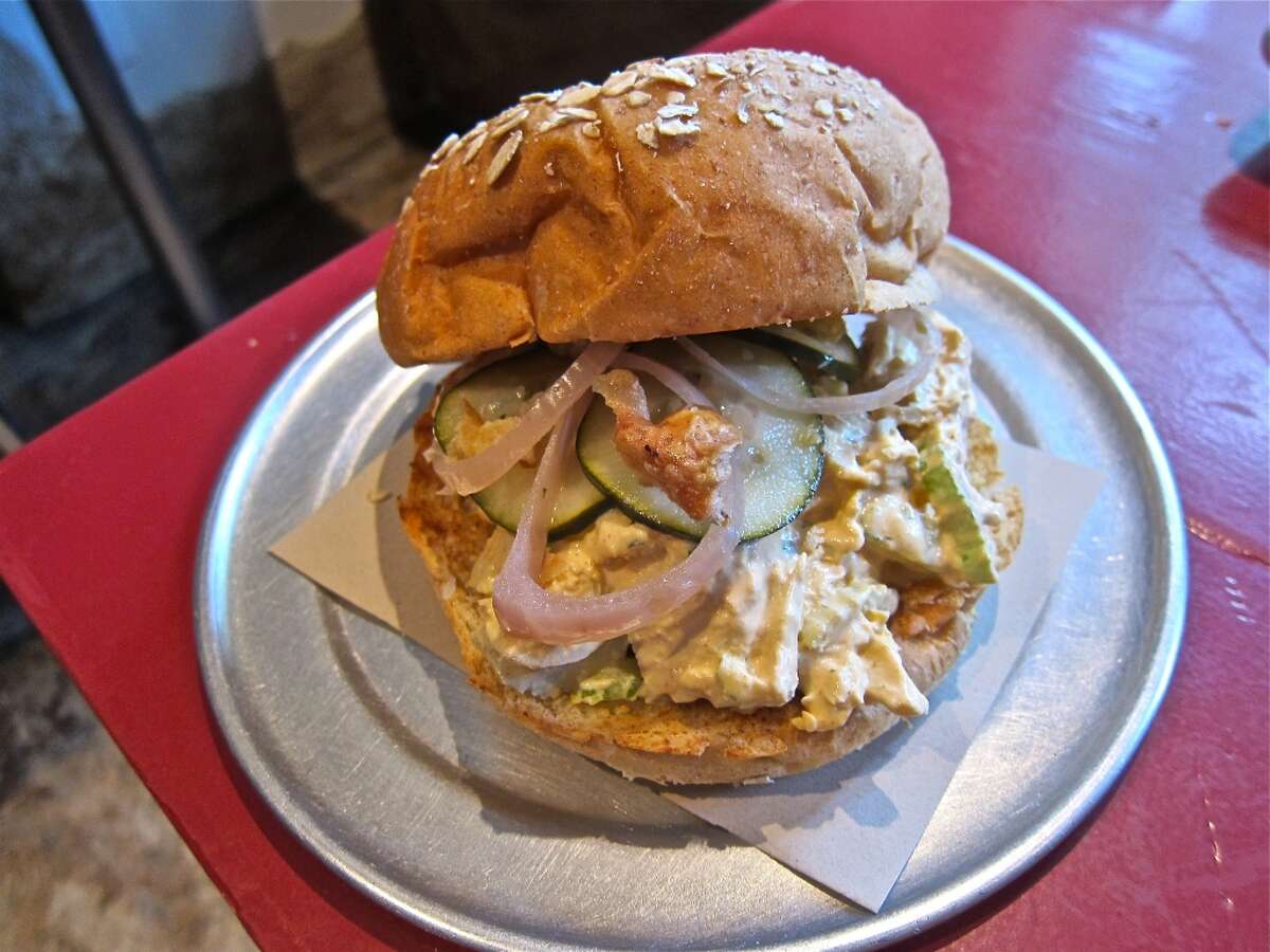 Slow Ride chicken salad sandwich with chicken skin cracklings at Eatsie Boys Cafe.