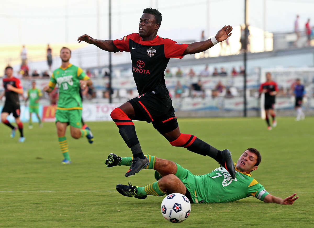 Walter Ramirez gets foiled on a run at the goal by Frankie Sanfilippo as the San Antonio Scorpions play the Tampa Bay Rowdies at Toyota Field on August 3, 2013.