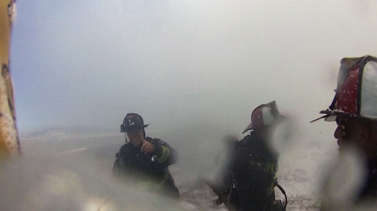 An image from the helmet-mounted video camera of a San Francisco fire battalion chief at the scene of the crash of Asiana Flight 214 at San Francisco International Airport on July 6, 2013 in San Francisco, California.