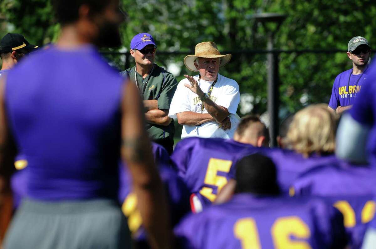 Head coach Bob Ford talks with his team following the UAlbany football teams first intrasquad scrimmage of the preseason on Saturday Aug. 10, 2013 in Albany, N.Y. (Michael P. Farrell/Times Union)