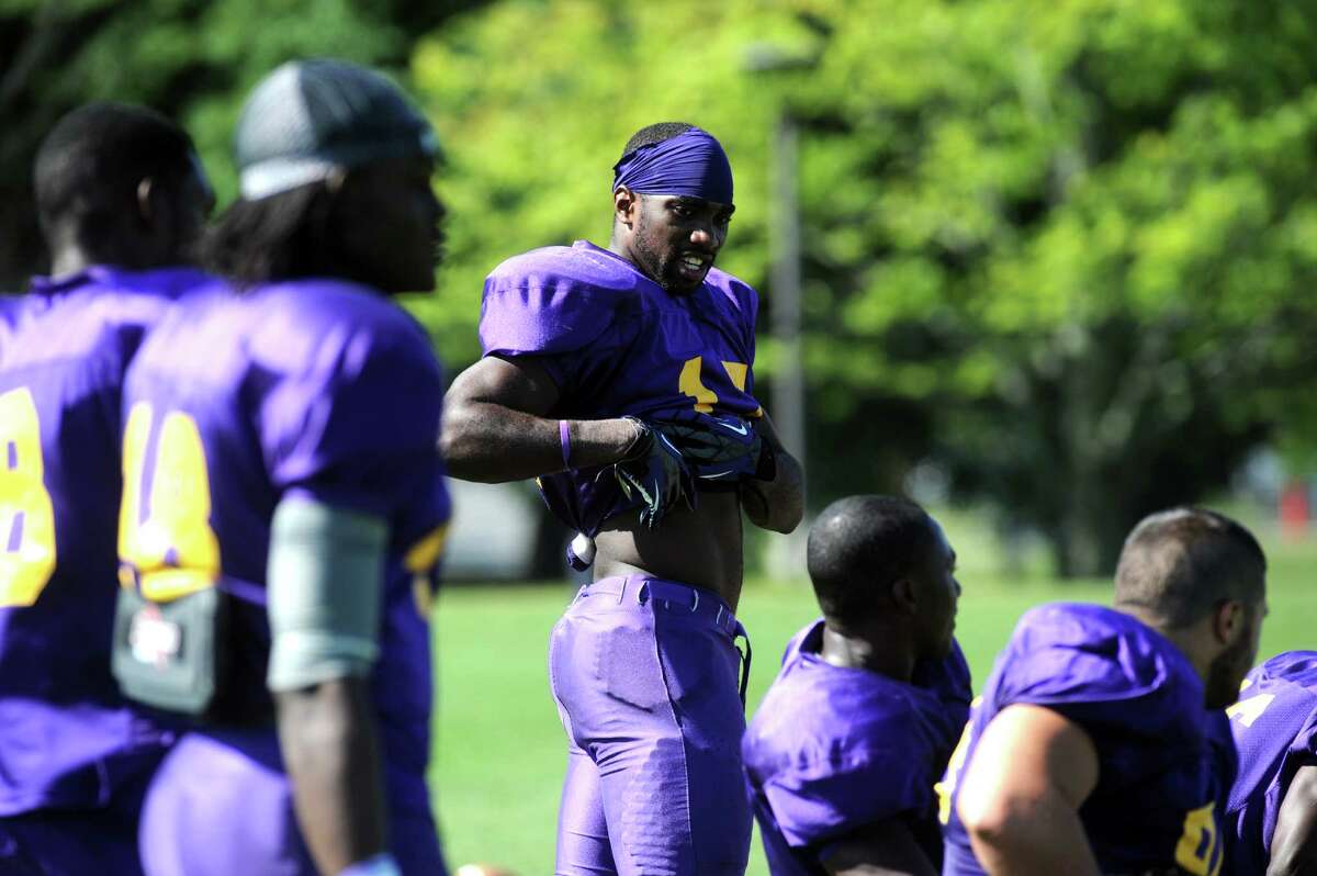 Senior outside linebacker Prosper Mbonque-Muna during the UAlbany football teams first intrasquad scrimmage of the preseason on Saturday Aug. 10, 2013 in Albany, N.Y. (Michael P. Farrell/Times Union)