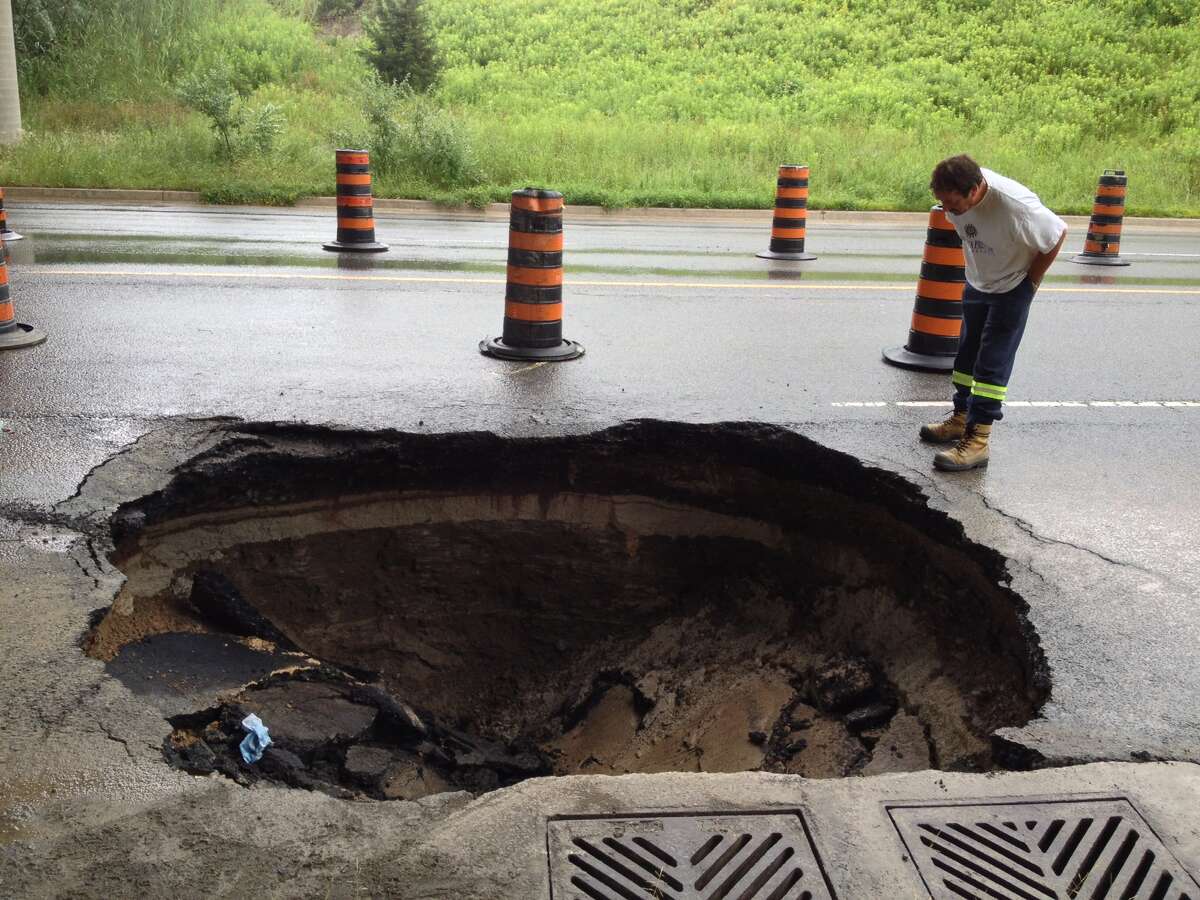 Here's a look at other big sinkholes in the news recently. A sinkhole opened up on Disco Road at Hwy 427 after a massive storm and flooding in the GTA.