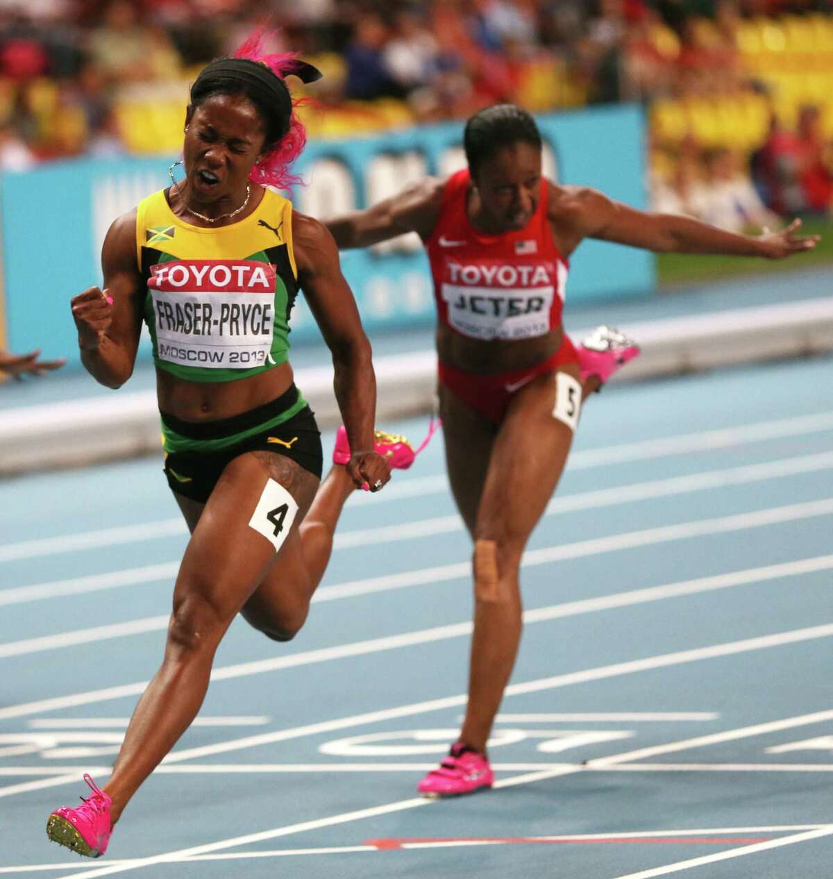 Jamaica's Shelly-Ann Fraser-Pryce wins the women's 100-meter final in a time of 10.71 seconds at the 2013 world track championships in Moscow.