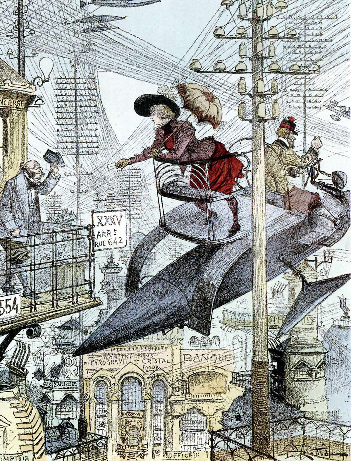 1890: A flying machine in a futurist town, illustration by Albert Robida.