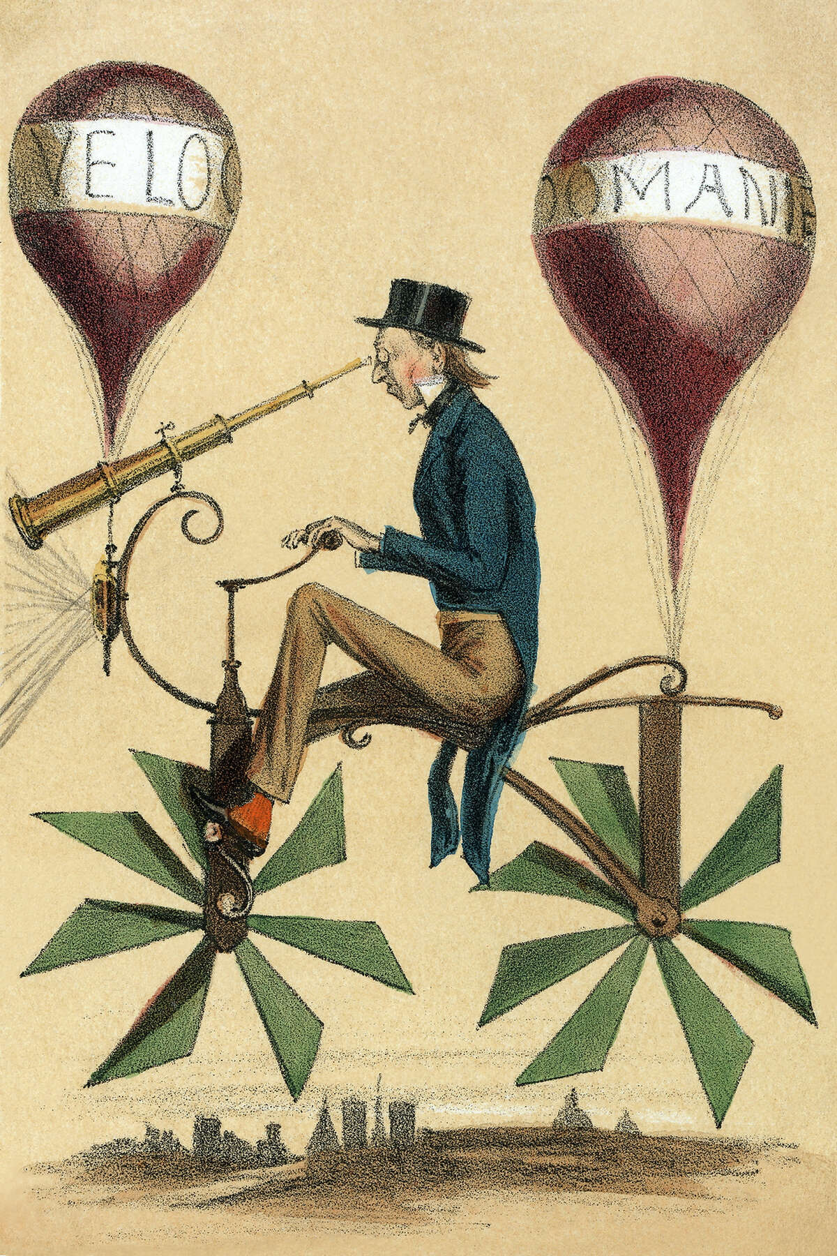 1867: A French cartoon shows a man riding on a bicycle-like flying machine while looking through a telescope attached to the front.