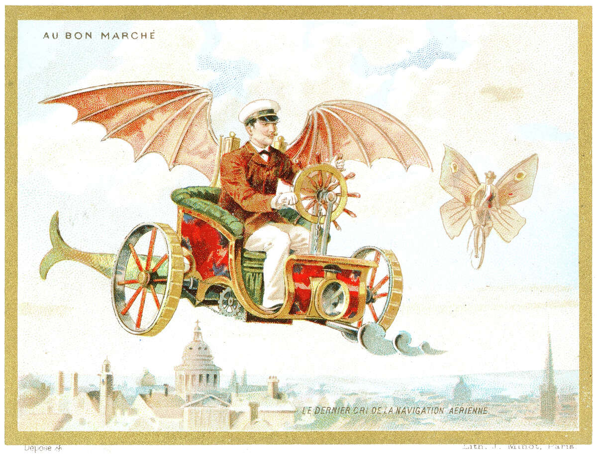 1890: The French Au Bon Marche company issued comical futuristic ad cards like this one.