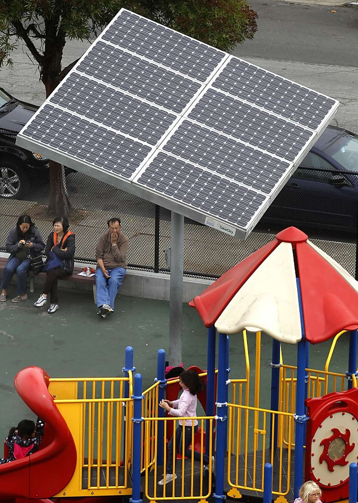 Lawton Alternative a K-8th grade school, on Sturday Sept. 15, 2012, in San Francisco, Calif., has a solar panel installed on the playground area.