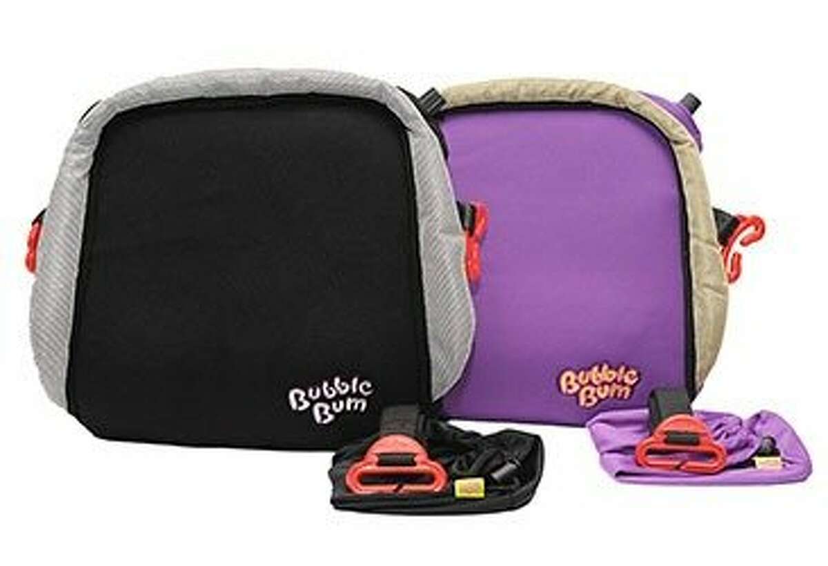 The BubbleBum is an inflatable pad with belt loops that connects to a car's seat belt.