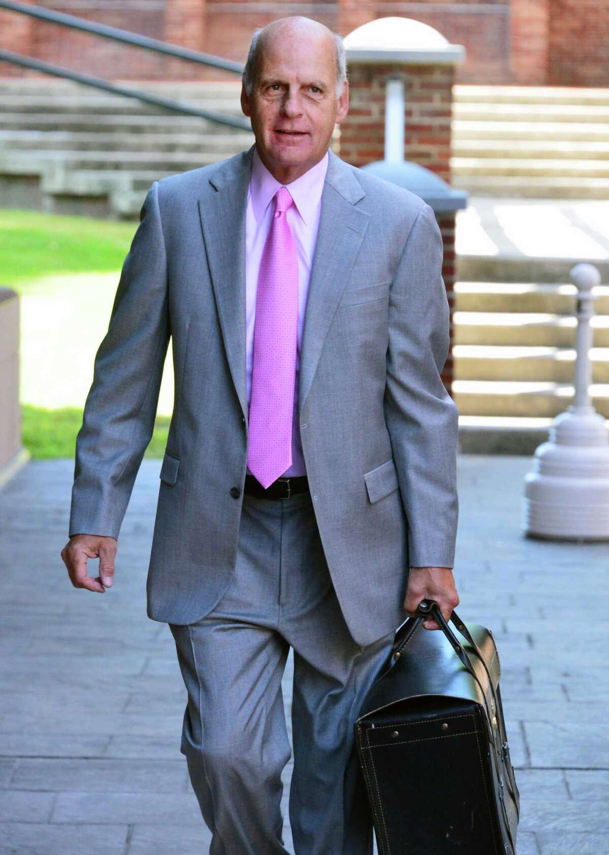 Attorney Stephen Coffey, who represents Dennis Drue, arrives at the Saratoga County Courthouse Friday morning, Aug. 16, 2013, in Ballston Spa, N.Y. (John Carl D'Annibale / Times Union)
