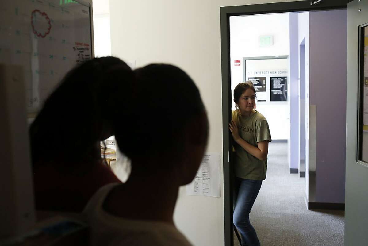 Willa Barnett, right, prepares to act in a scene during a day of shooting their films for the San Francisco Film Society's Young Filmmakers Camp at the University High School in San Francisco, Calif. on July 17, 2013.