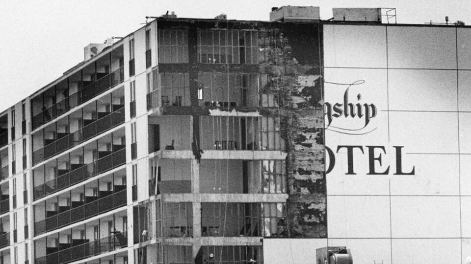 A view of the Flagship Hotel in Galveston Thursday afternoon as workers begin restoration of the beachfront hotel which suffered extensive damage from Hurricane Alicia, August 25, 1983.