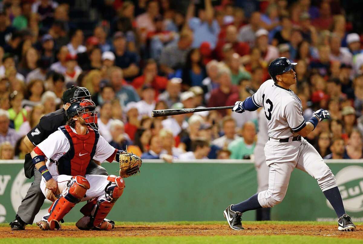 BOSTON, MA - AUGUST 18: Alex Rodriguez #13 of the New York Yankees hits a solo home run in the fifth inning off of Ryan Dempster #46 of the Boston Red Sox during the game on August 18, 2013 at Fenway Park in Boston, Massachusetts. (Photo by Jared Wickerham/Getty Images) ORG XMIT: 163495076