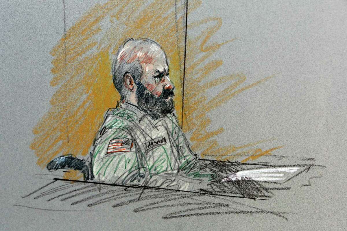 FILE- In this Aug. 6, 2013, file courtroom sketch, Maj. Nidal Malik Hasan sits in court for his court-martial in Fort Hood, Texas. The prosecutors pursuing the death penalty against the Army psychiatrist accused in the 2009 Fort Hood shooting rampage will soon begin trying to answer a difficult but key question_ determining why Hasan attacked his fellow soldiers in the worst mass shooting ever on a U.S. military base.