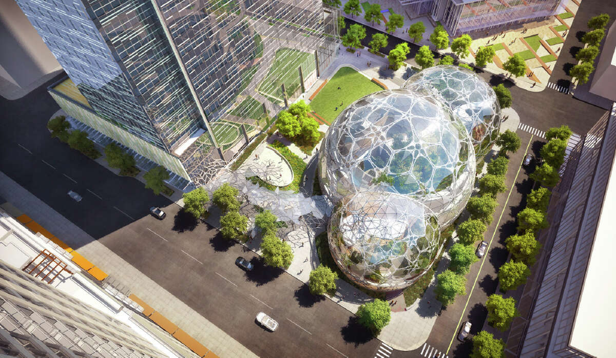 An aerial view of the biospheres on Amazon's proposed Downtown Seattle campus is shown in this artist's rendering.